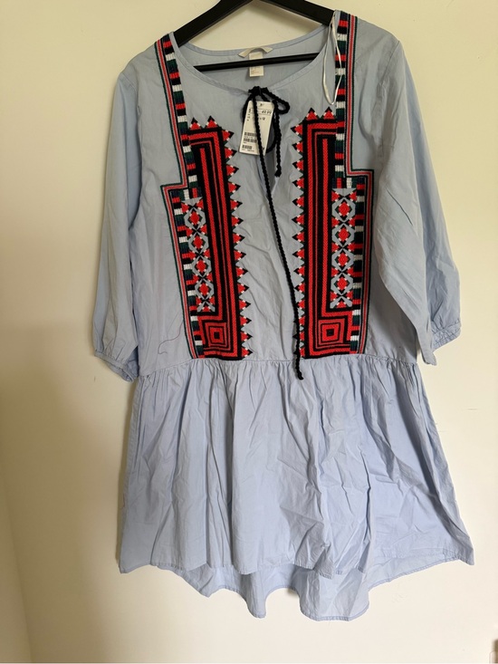 H&M Dresses & Skirts - H&M Light Blue Midi Dress with Red and Black Embroidery